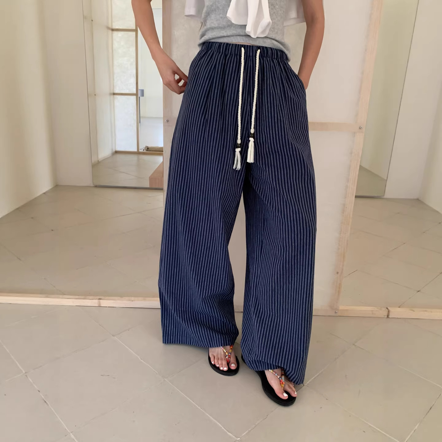 Striped High-Waisted Drawstring Casual Pants for Women 2026 New Style Relaxed Slimming Straight Wide-Leg Pants