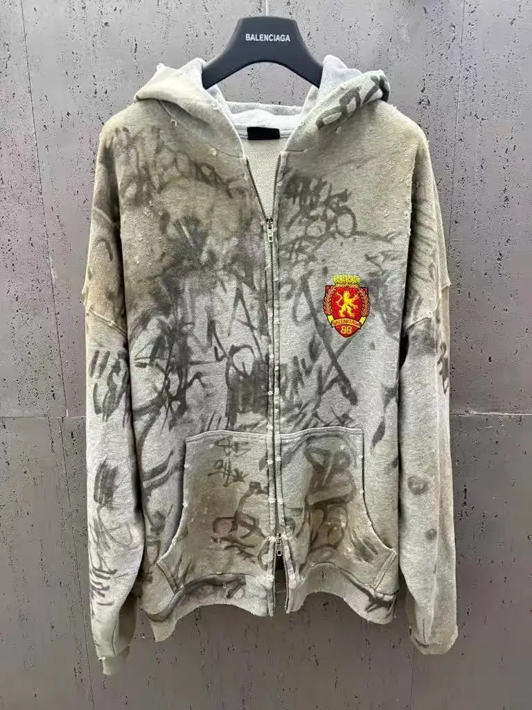 涂鸦泥染卫衣帽衫宽松版型拉链卫衣B