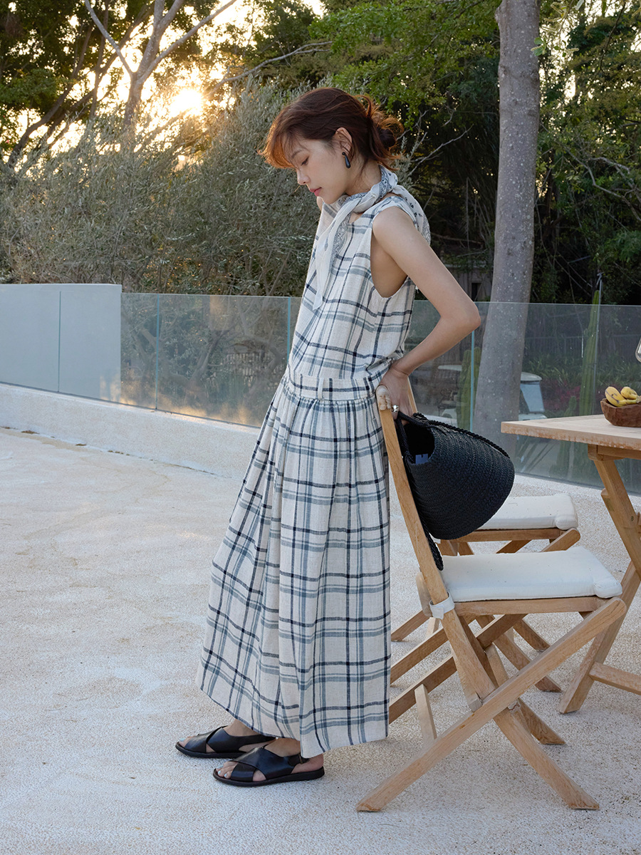 Vintage Plaid Double Pocket Round Neck Vest Dress with Scarf for Women 21016