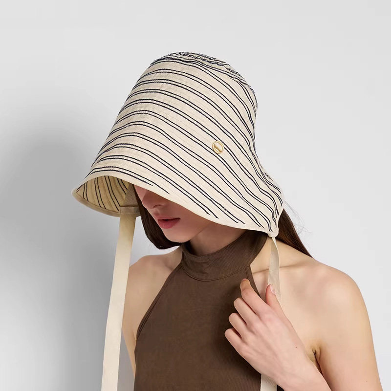 2026 New Striped Fisherman Hat for Women, Korean Style, Summer Large Brim, Full Face Sun Protection Hat, Large Head Circumference, Uv Protection