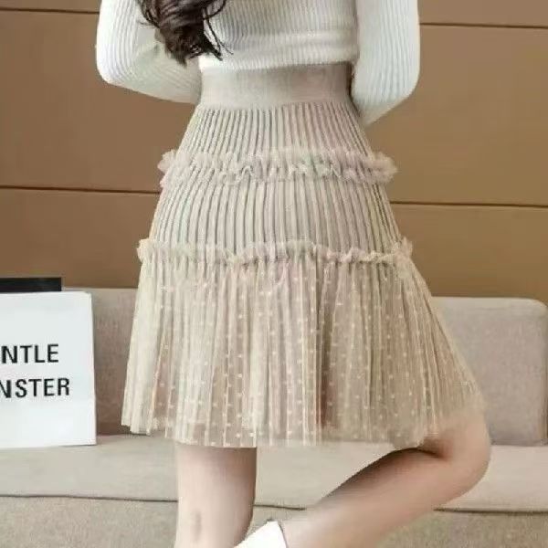 Autumn and Winter New High-Waisted Pleated Skirt to Cover the Sagging and Slimming Look A-Line Wool Skirt Mesh Splicing Knitted Skirt for Women