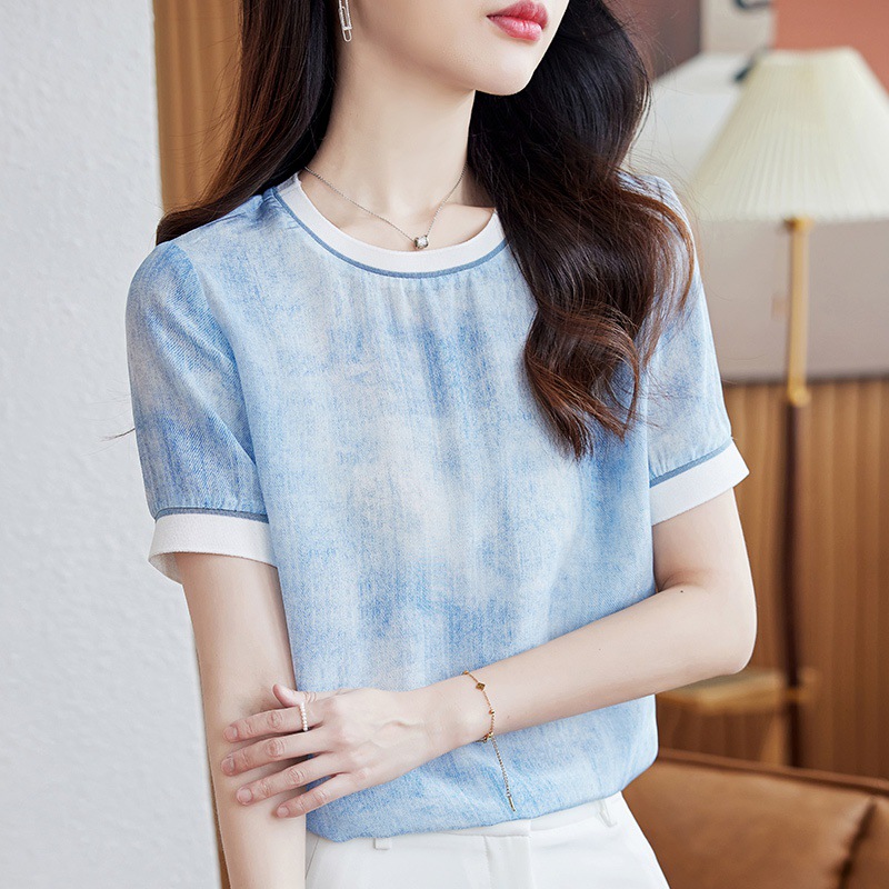 Crepe De Chine Silk T-Shirt Women's Short-Sleeved 2025 Summer New Style Fashionable Denim Blue Printed Mulberry Silk Slimming Look Top