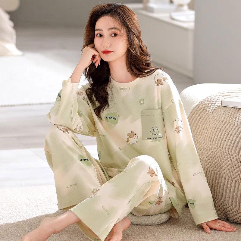 Cute Bunny Cotton Pajamas for Women, Spring and Autumn, Fresh and Simple Long-Sleeve Plus-Size Loungewear, Women's Casual Set