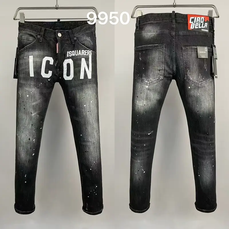 9950 new ICON letter printing men's denim pants European station grinding white small straight leg cross-border tide jeans