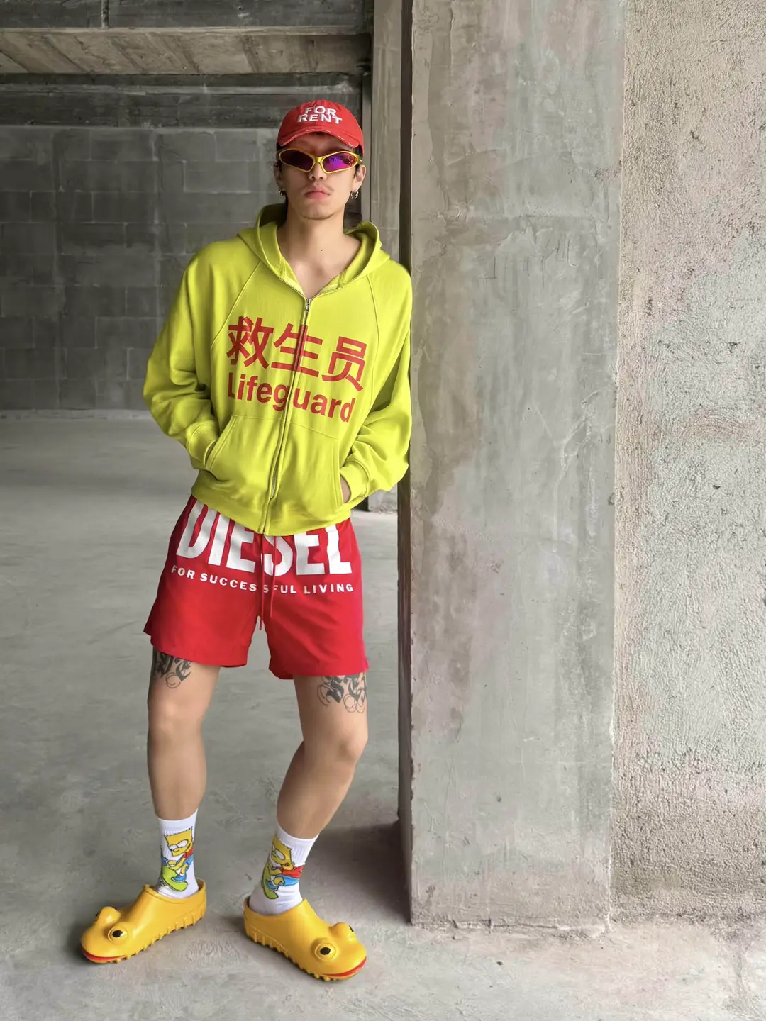 Praying Fluorescent Yellow Lifeguard Fun Print Subculture Zip-Up Hoodie Sweatshirt American Casual Jacket