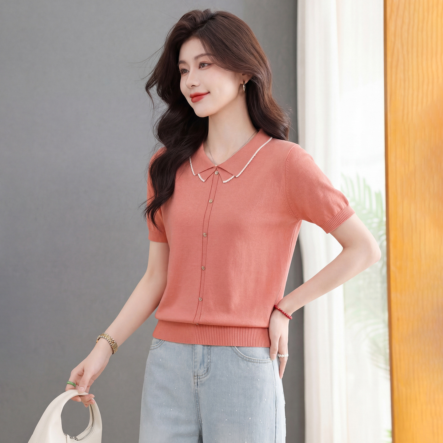 Pink Short-Sleeved Knit Shirt for Women with Lapel Buttons, Thin Slim-Fit Top, 2026 Summer Ice Silk Lyocell T-Shirt