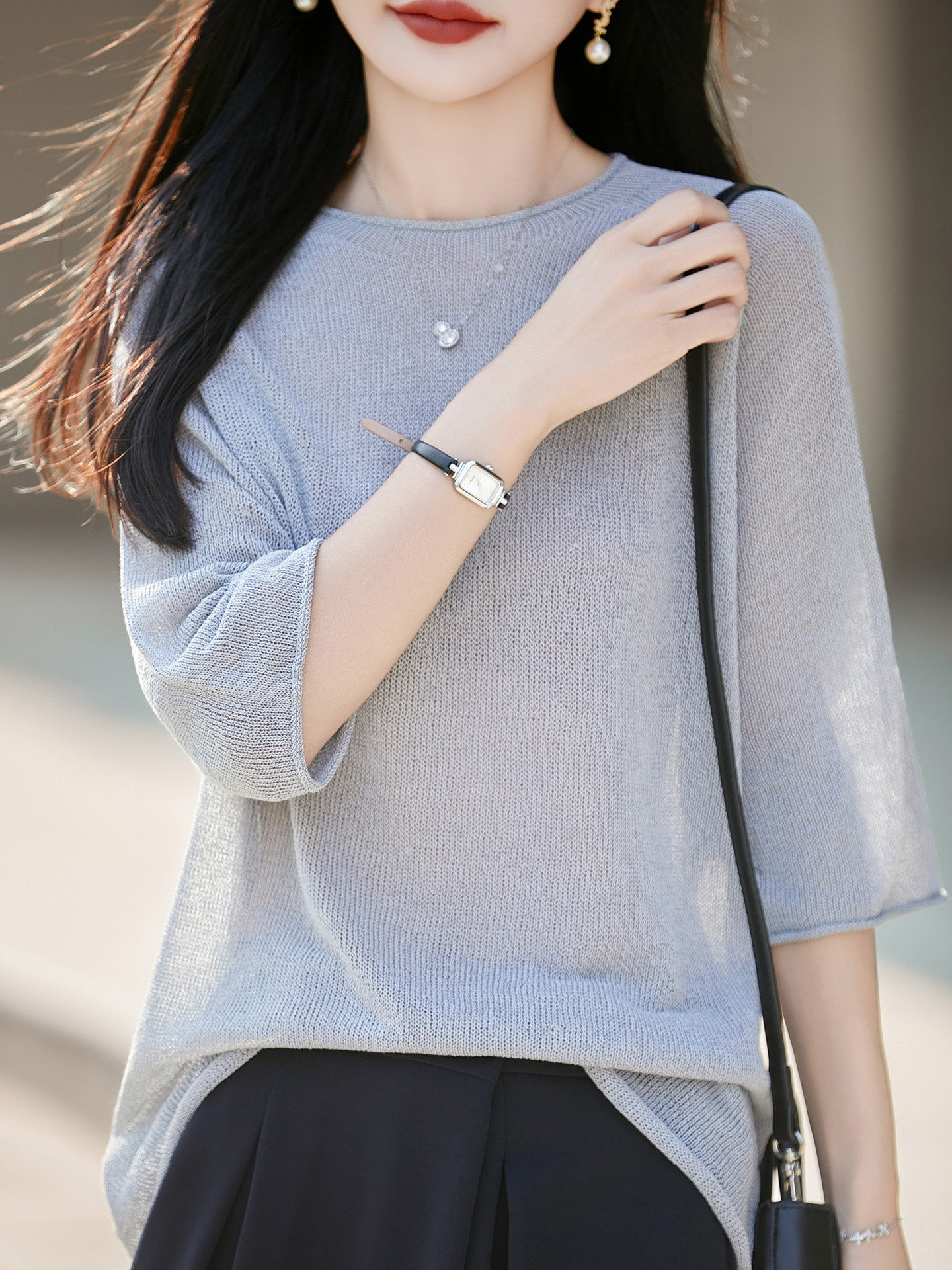 Elegant Loose-Fitting Summer New Style Solid Color Versatile Raglan Three-Quarter Sleeve Knit Top with Rolled Edge Collar