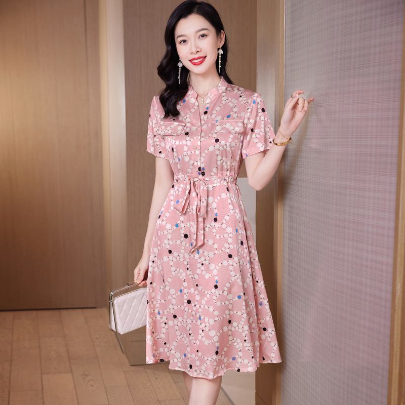 9539 Satin Heavy Silk Dress for Women, New Summer Style, Waist-Cinching Slimming Shirt, Mulberry Silk Intellectual Dress