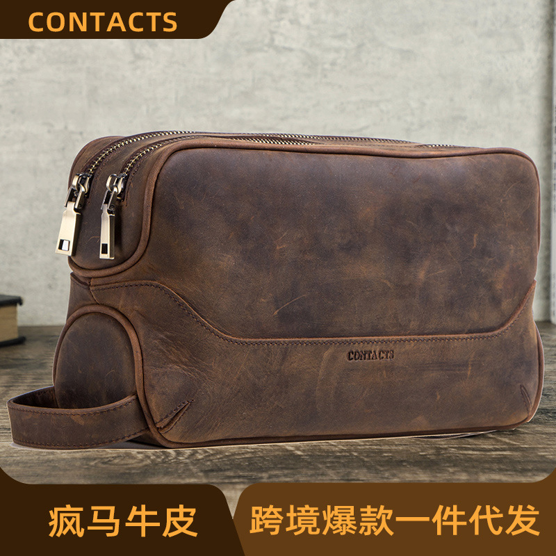 Black Angel Ebay Supply European and American Men's Toiletry Bag Cosmetics Bag Crazy Horse Leather Men's Clutch Bag Cross-Border Dropshipping