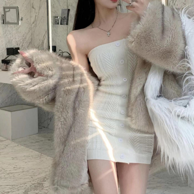Solid Color Spring & Fall New Style Collarbone-exposed Knitted Dress Slim Sexy Sexy Tube Top Sweater Dress Hip Skirt for Women
