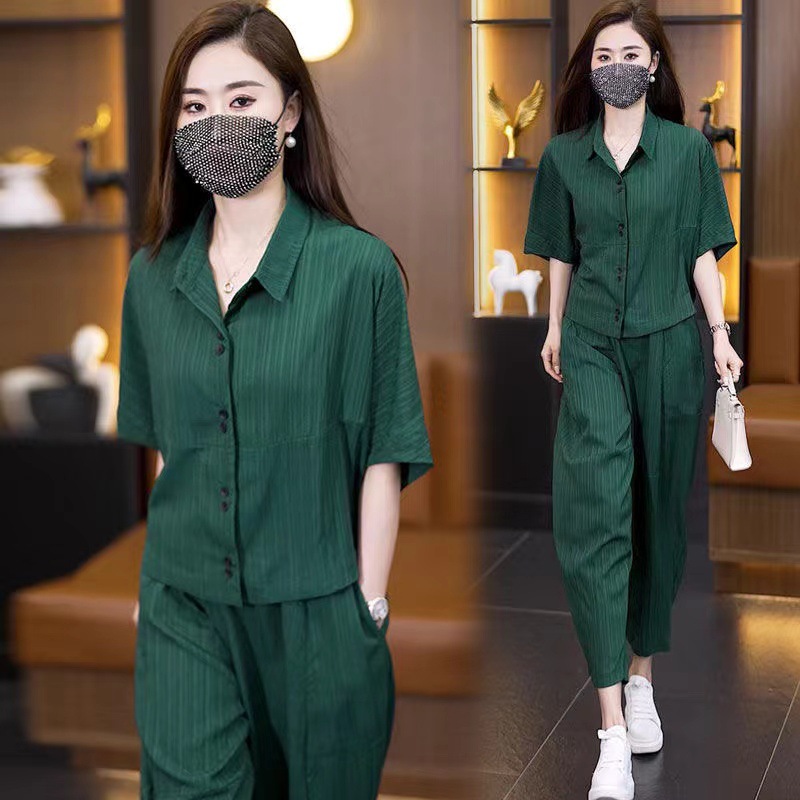 Popular Casual Suit Plus Size Women's Summer Style Belly-Covering Shirt Loose Harem Pants Two-Piece Set for Women