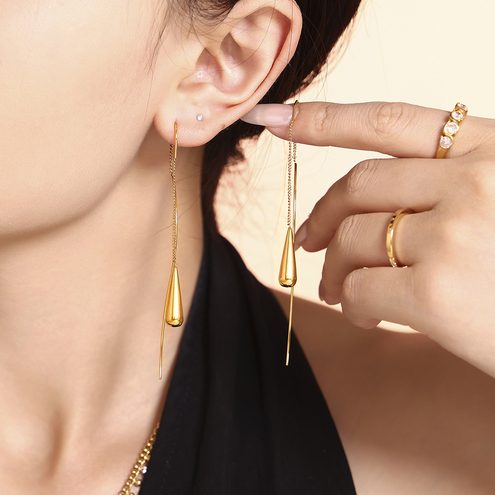 French New Style Elegant Stainless Steel Water Drop Tassel Ear Line Light Luxury Niche Advanced Design Sense Long Earring Stud