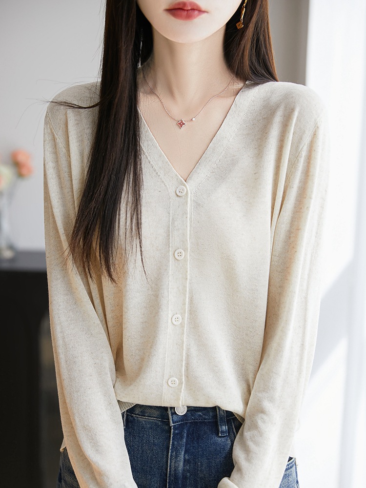 Thin Linen Colorful Dot Cardigan Top for Women, Sun Protection Shirt, V Neck Tencel Shirt, New Summer Knitwear