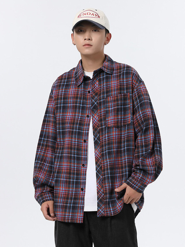 Jianheng American-Style Trendy Plaid Long-Sleeve Shirt for Men and Women, Loose Fit, Couple Style, Versatile Casual Hong Kong Style Jacket for Spring and Autumn
