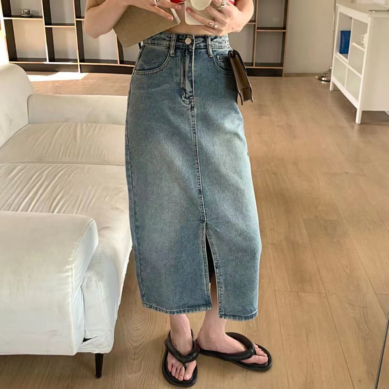 High Waist Front Split Denim Skirt Summer 2023 New Style Elegant Mid-length Skirt Design Sense Hip Skirt Women's Trendy