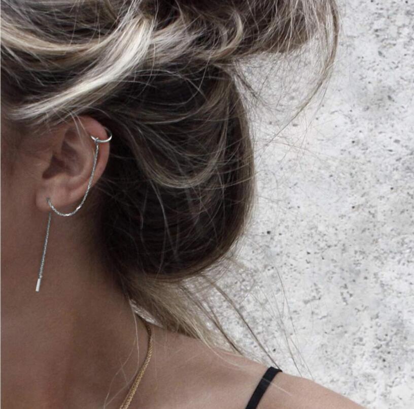 S925 Sterling Silver Pin Thinning Ear Clip Ear Line European and American Simple Fashion Niche Design Tassel Ear Stud Women's New Product
