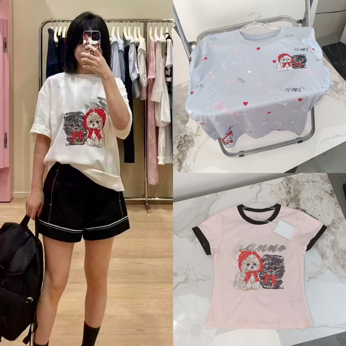 2025 Early Autumn New Niche Designer Letter Poodle Cat Print Round Neck Pure Cotton Loose Short-Sleeved T-Shirt