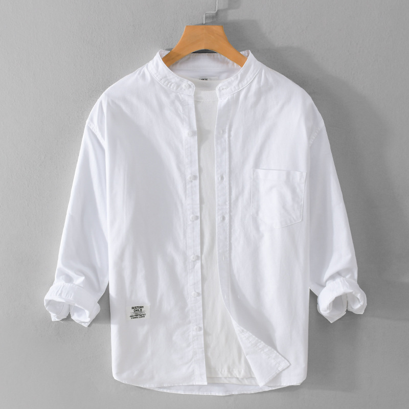 Men's Oxford Fabric Three-Quarter Sleeve Shirt, Comfortable and Loose-Fitting, Casual Stand-Up Collar, Simple All-Cotton Artistic Men's Shirt 9341