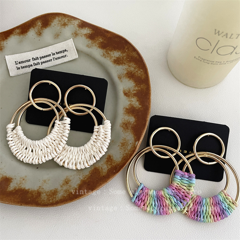 Bohemian Style Golden Hand-Woven Round Earrings for Women Seaside Resort Style Personalized Exaggerated Double Circle Large Earrings