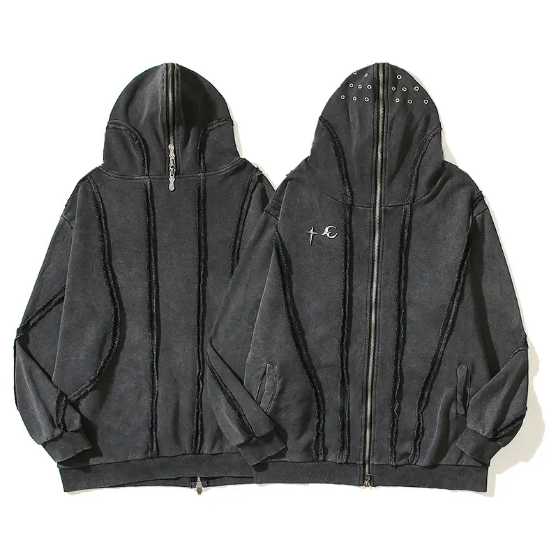South Korea tide VIBE wind washed batik zipper shark masked hooded cardigan short sweater men loose jacket