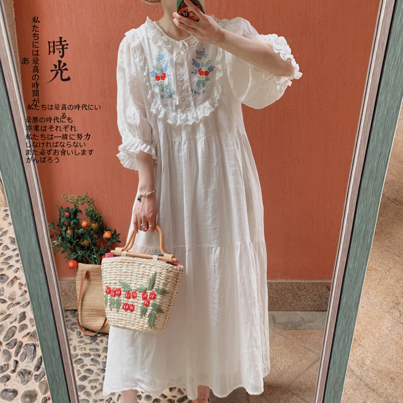 Original Japanese-Style Mori Girl Embroidered Cotton-Linen Dress with Loose Lantern Sleeves, Lace Trim, and White Ramie Long Dress for Women in Summer