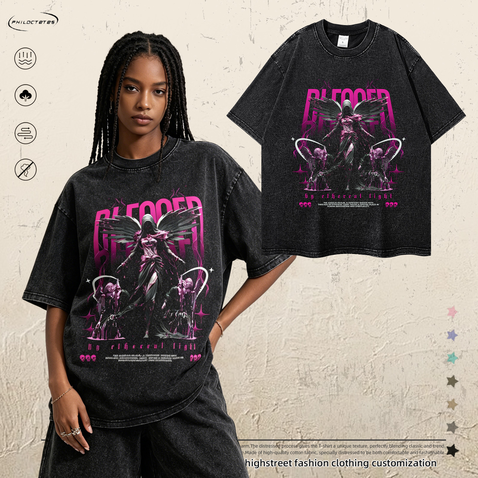 2026 American Retro Washed Floral Distressed Short-Sleeve Printed High Street Fashion Brand Loose Oversized T-Shirt Wholesale