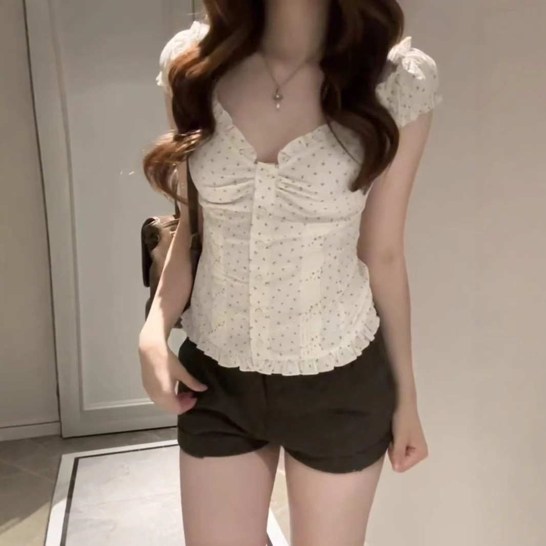 Brandy Bm New Ruffled V Neck Pleated Floral Puff Sleeve Shirt Bm Sweet Versatile Slim Top for Women