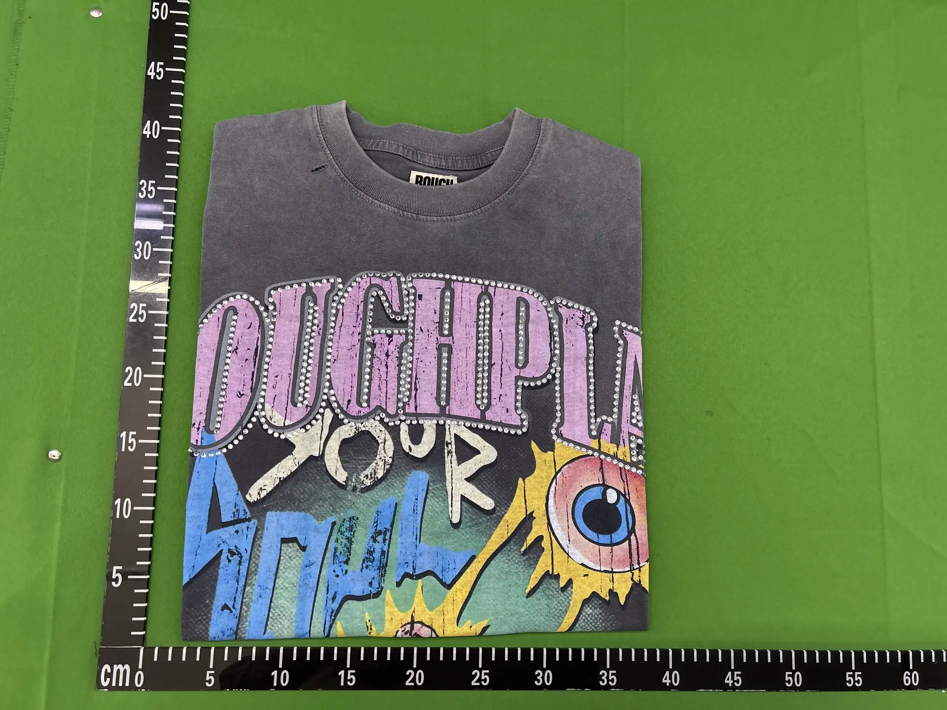 Roughplay Nyc T-Shirt Washed and Distressed American Hip-Hop Print with Rhinestones High Street Short-Sleeve Tee