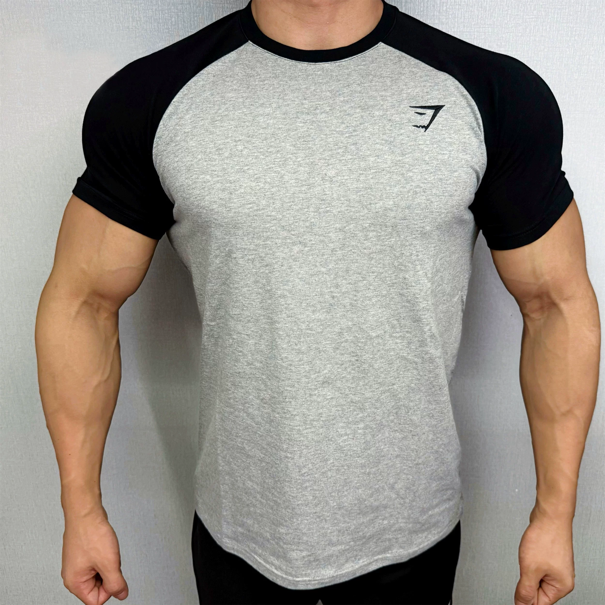 Gymshark Raglan Color-Blocked Short-Sleeved Men's Sports Casual Fitness Slim Fit Elastic Embroidered Logo Raglan Sleeve T-Shirt Foto QC de TAOBAO na Qualit.ly