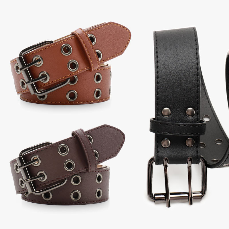 Cross-Border Hot Girl Belt for Men and Women, Punk Style, Punch-Free Double-Row Eyelet Belt, Women's Versatile Jeans Dress Belt