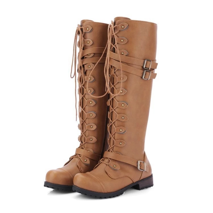 European and American Foreign trade leather boots round toe belt buckle flat boots women's autumn and winter New rivet lace-up high Knight boots