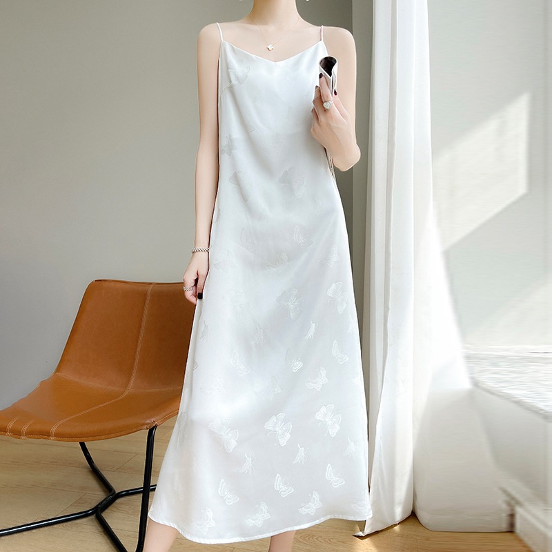 New Acetate Satin Draped Over-The-Knee A-Line Midi Dress, Slimming Base Dress, Summer Jacquard V-Neck Spaghetti Strap Dress for Women