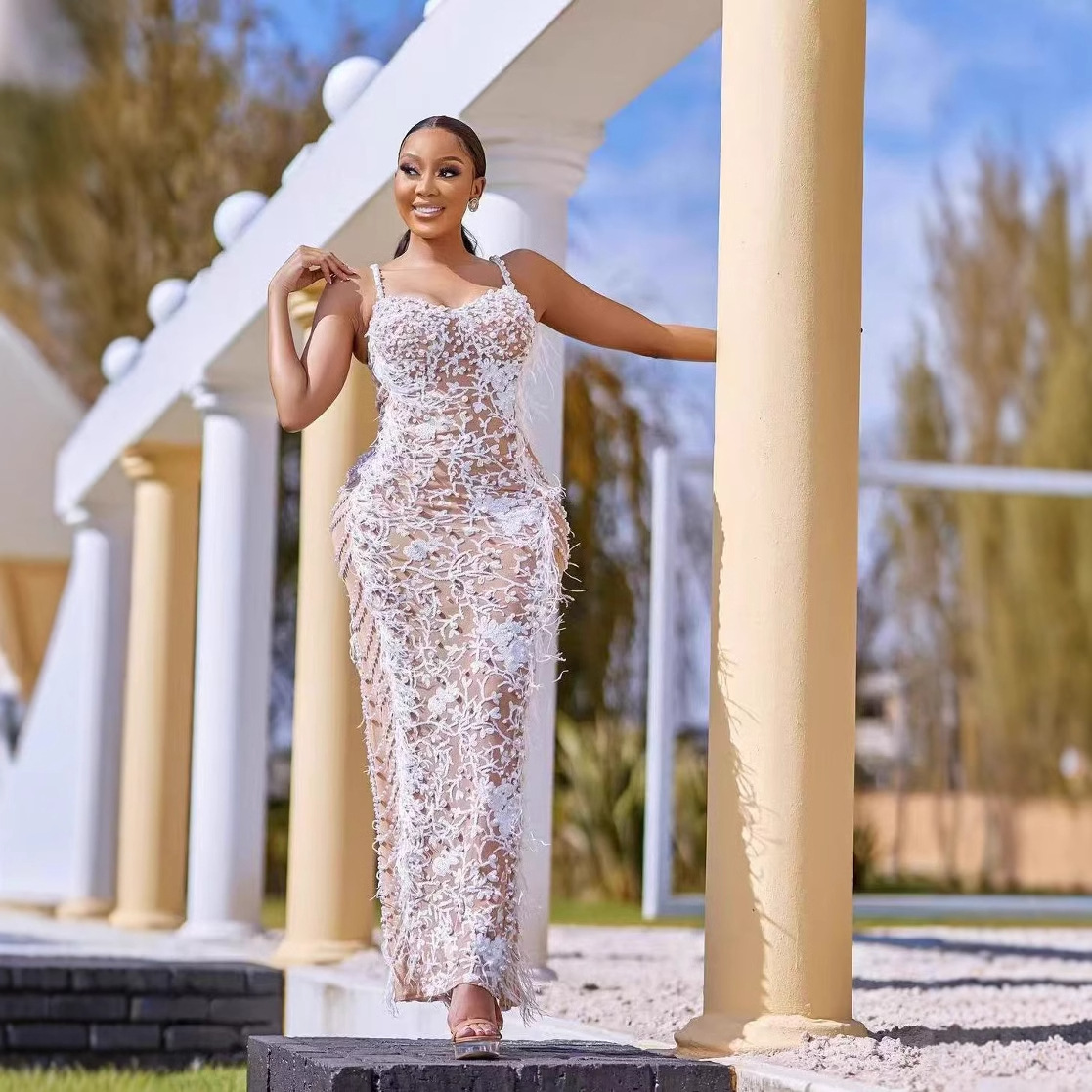 2025 Sexy apricot Backless V Strap Beaded Tight Long Hip dress Dress Women