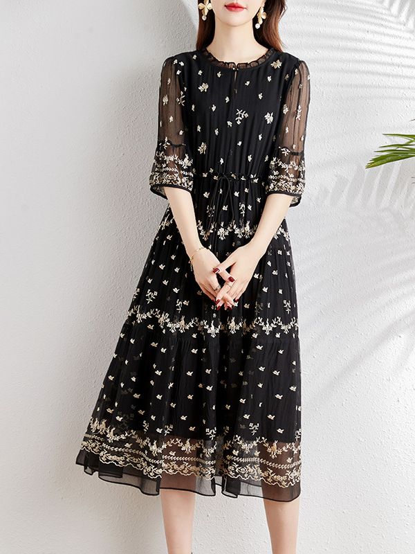 Floral Silk Dress for Women 2024 New French-Style Embroidered Mulberry Silk Flared Skirt Trendy Elegant Workwear Style