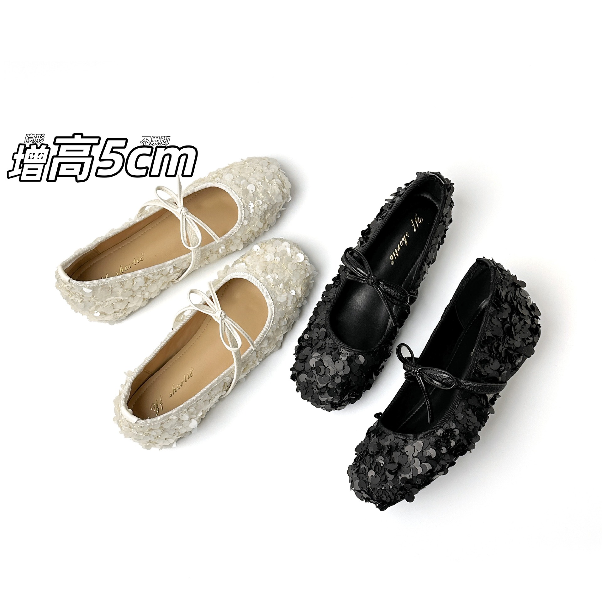 5cm Height-Increasing Bowknot Round-Toe Soft-Soled Mary Jane Shoes for Women, 2026 New Model, Elegant Style, Single Strap Shallow Mouth Flats