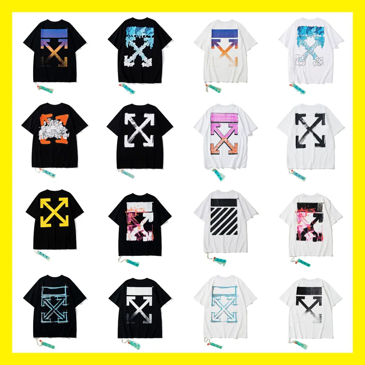 Wholesale off short sleeve ow tide brand dissolved arrow gradient starry sky splash ink T-shirt yellow tape cordon lovers outfit