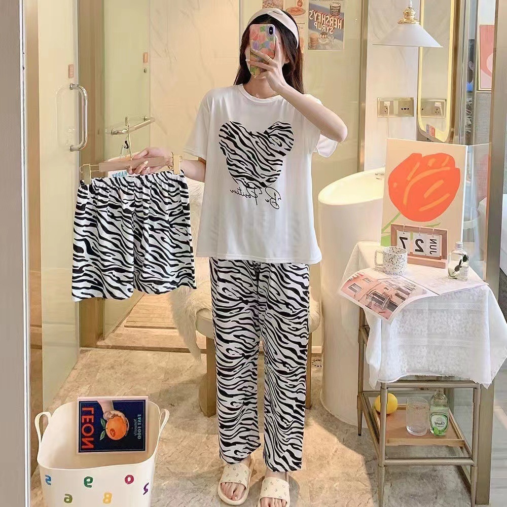 Summer Hot-Selling Pajamas for Women, Short-Sleeved, Long Pants, Shorts, Korean Style, Loose and Cute Cartoon Three-Piece Set, Home Wear
