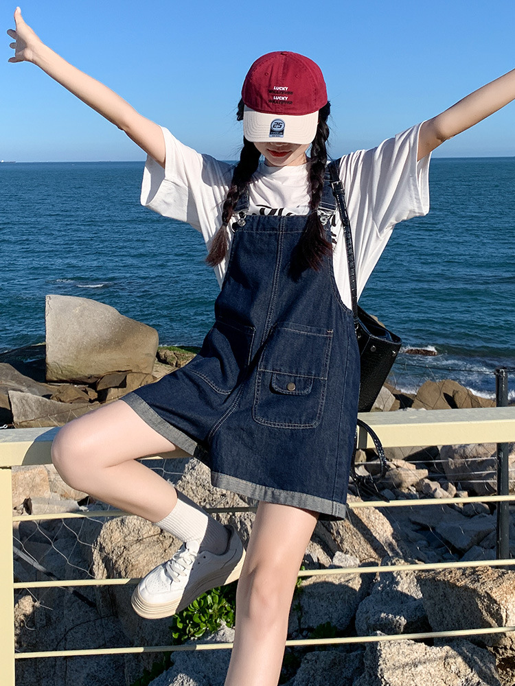Wide Leg Denim Strap Shorts Women's Summer Thin Korean Style High Waist Slim Look Straight Loose Jumpsuit Hot Pants