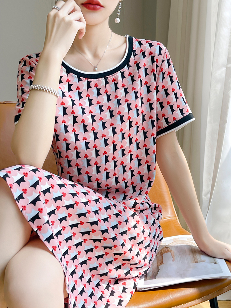 New Mulberry Silk Short-sleeved T-shirt Dress Top Silk Skirt Silk Satin Over-the-Knee Long Skirt