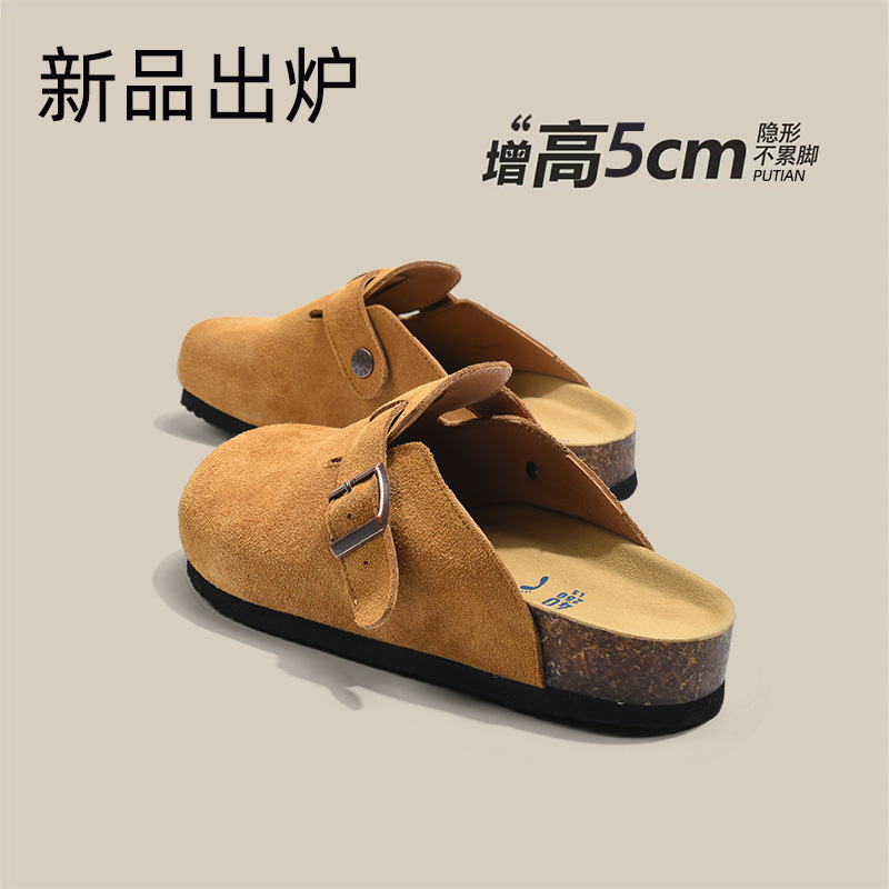 Thick-soled Birkenan Shoes Women's New Cowhide Cork Non-slip Half-tow Heap Shoes Summer Outwear All-match Birkenan Sandals for Men