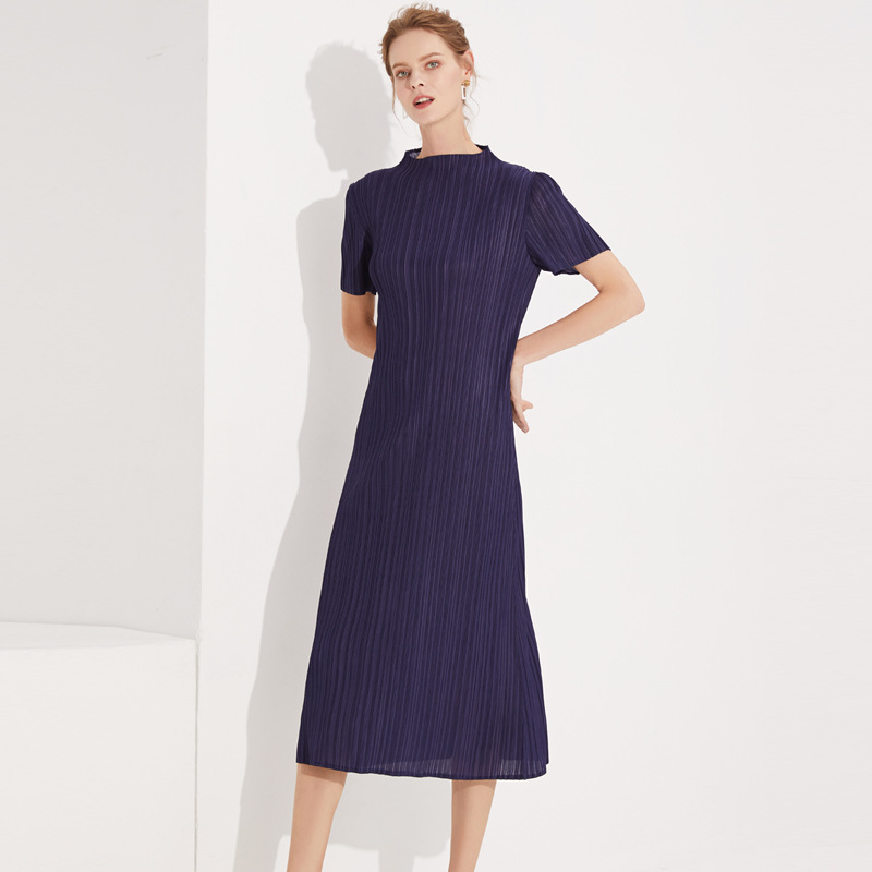 Pleated 2026 Summer Elegant Simple Women's Basic Versatile Stand-Collar Long Pleated Dress Wholesale from Manufacturer