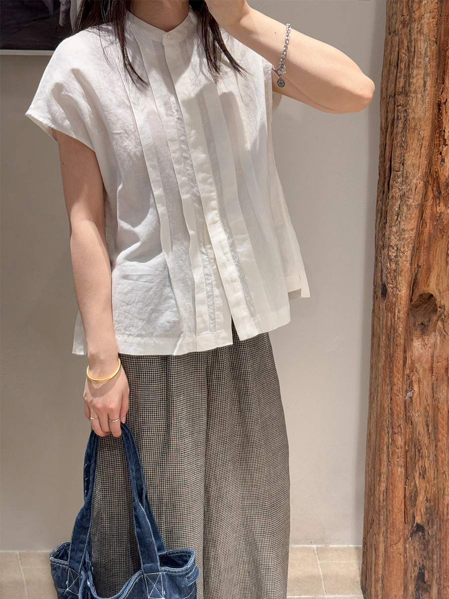 Suchi Summer Cotton and Linen Shirt Women's National Style High-Quality Shirt Commuting Versatile Stand-Up Collar Slim Short Top