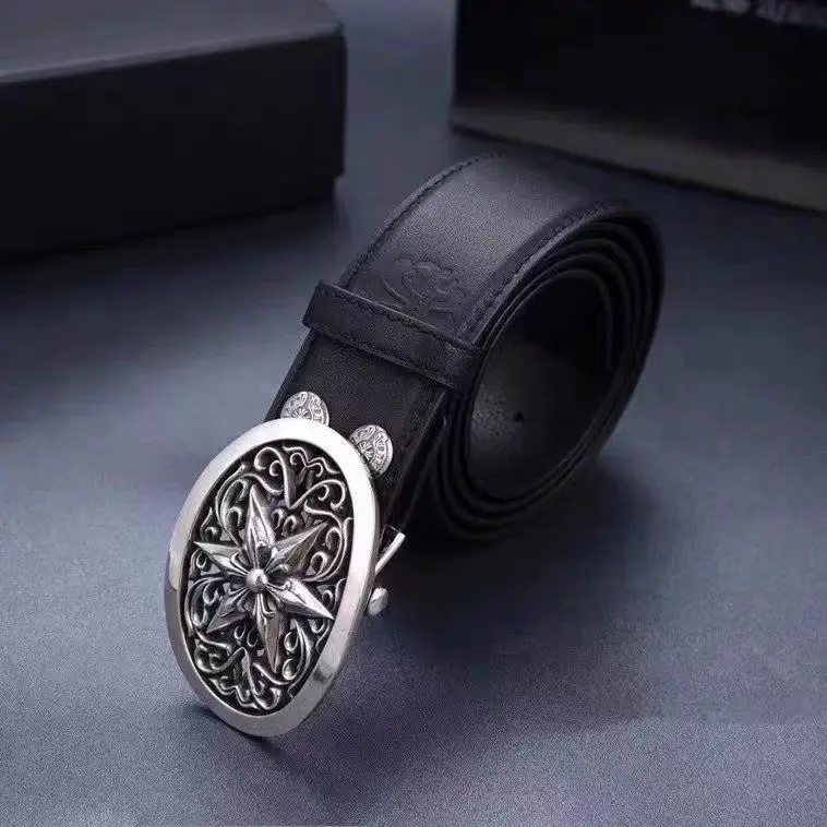 S925 Sterling Silver Six-Pointed Star Belt Buckle, Heavy-Duty Hip-Hop Retro Style Genuine Leather Belt, Trendy High Street Belt