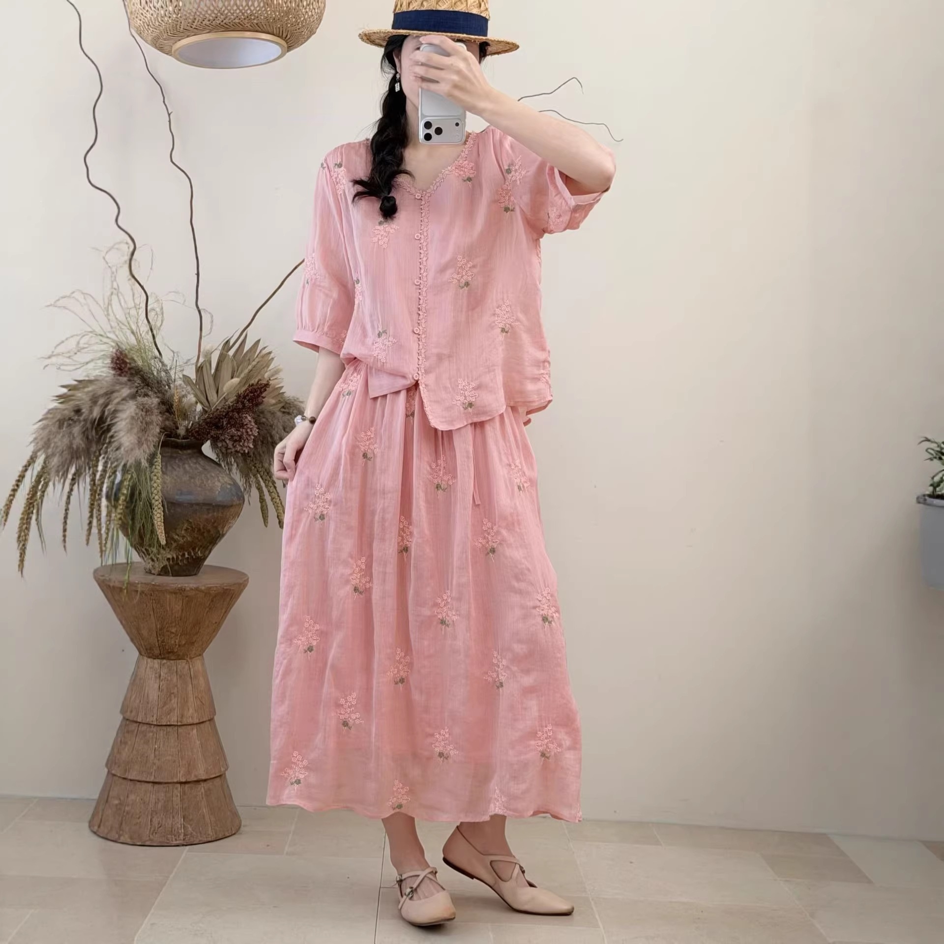 2026 Summer New Two-Piece Set: Ramie Embroidered Shirt with Lace Placket + Elastic Waist Forest-Style Youthful Skirt