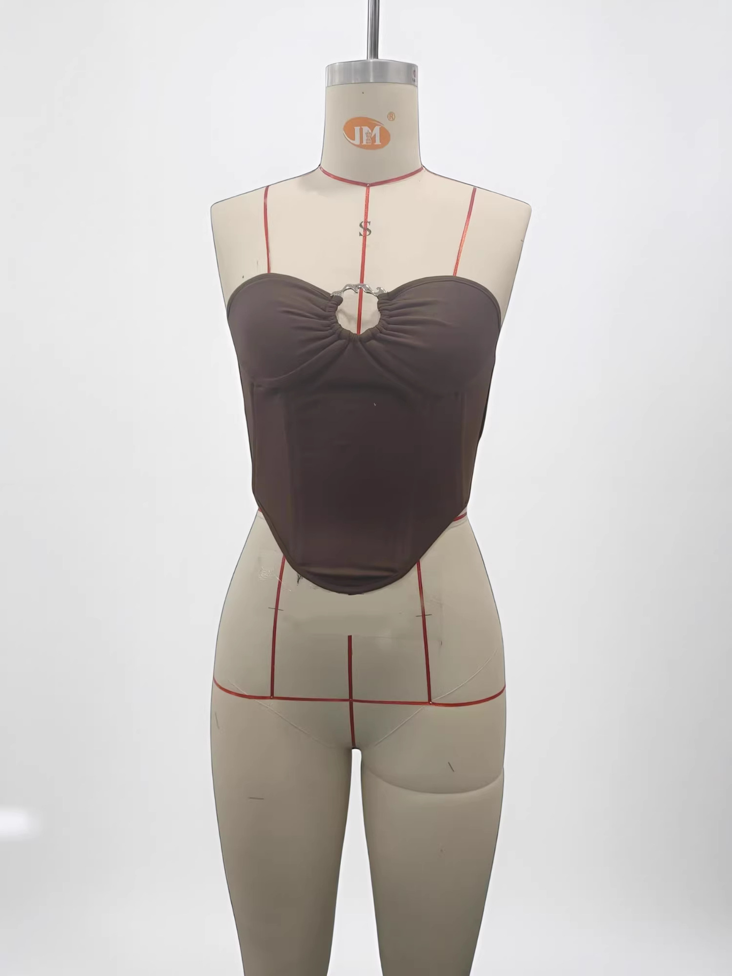 New Summer Style Hollow-Out Metal Buckle Ruched Slim-Fit Women's Coffee Brown Sexy Fishbone Tube Top Dc-153