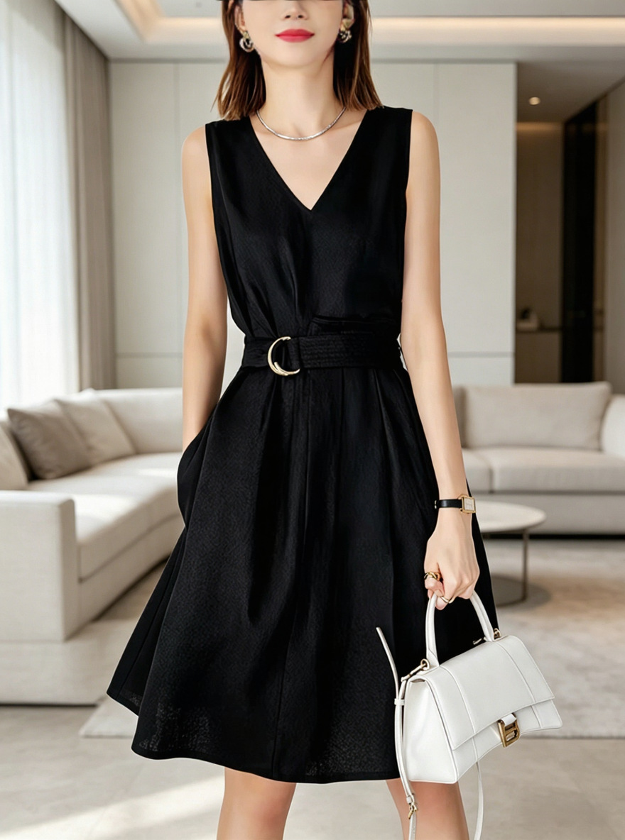 French-Style Hepburn-Inspired V-Neck Spaghetti Strap Little Black Dress, Waist-Cinching, Slimming, High-End Linen Dress