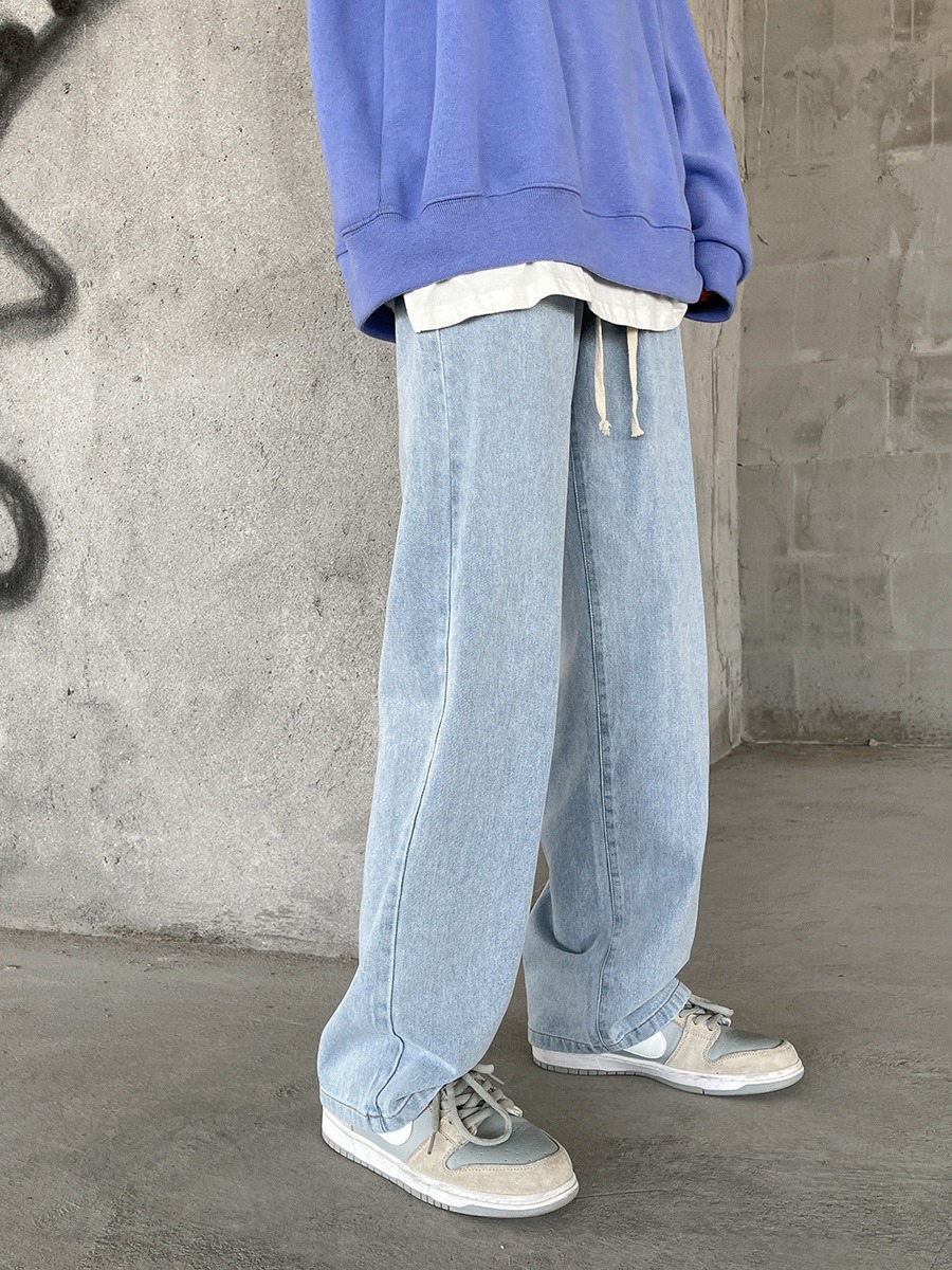 Men's Jeans with Elastic Waist, Korean Style Loose Straight-Leg Trendy Men's Clothing with Drawstring, Wholesale Vintage Washed