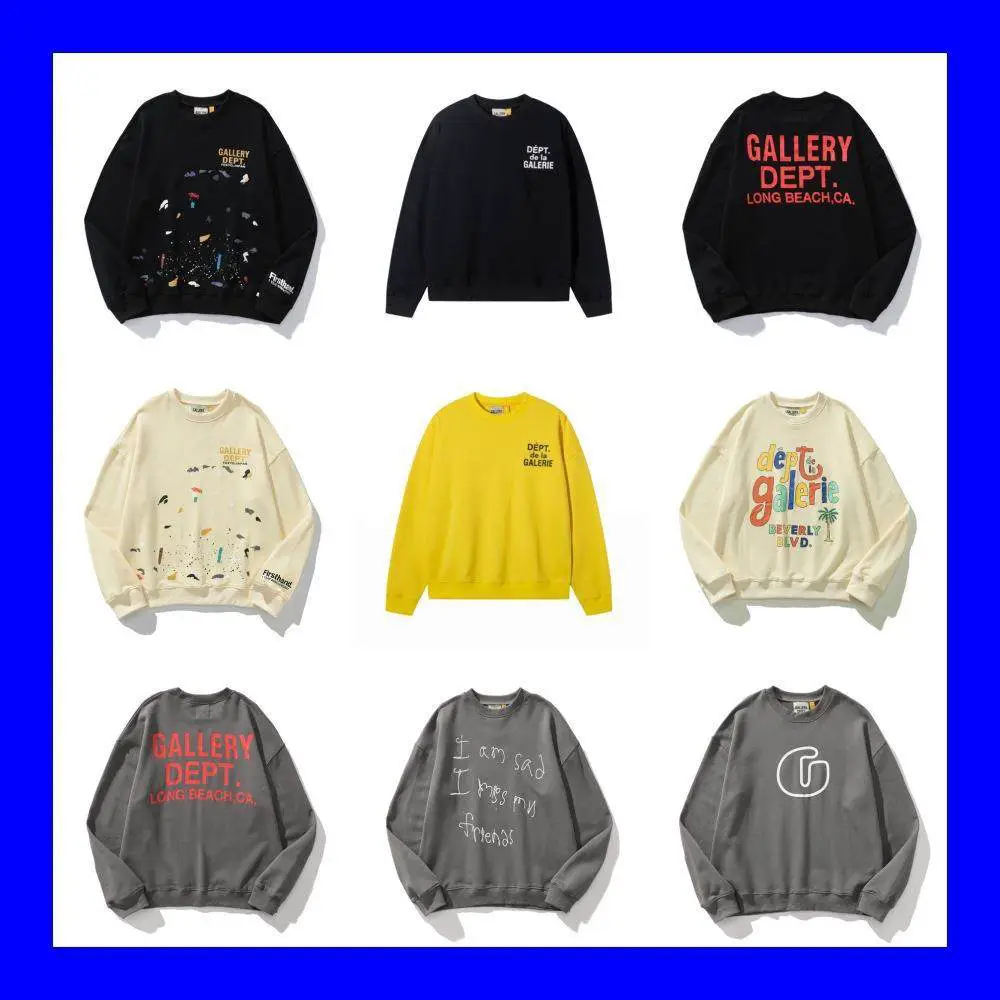 Gallery Dept Sweatshirt with Splash-Ink Graffiti, Gold Foil Letters, High Street Retro Washed and Distressed Long-Sleeve Pullover for Men