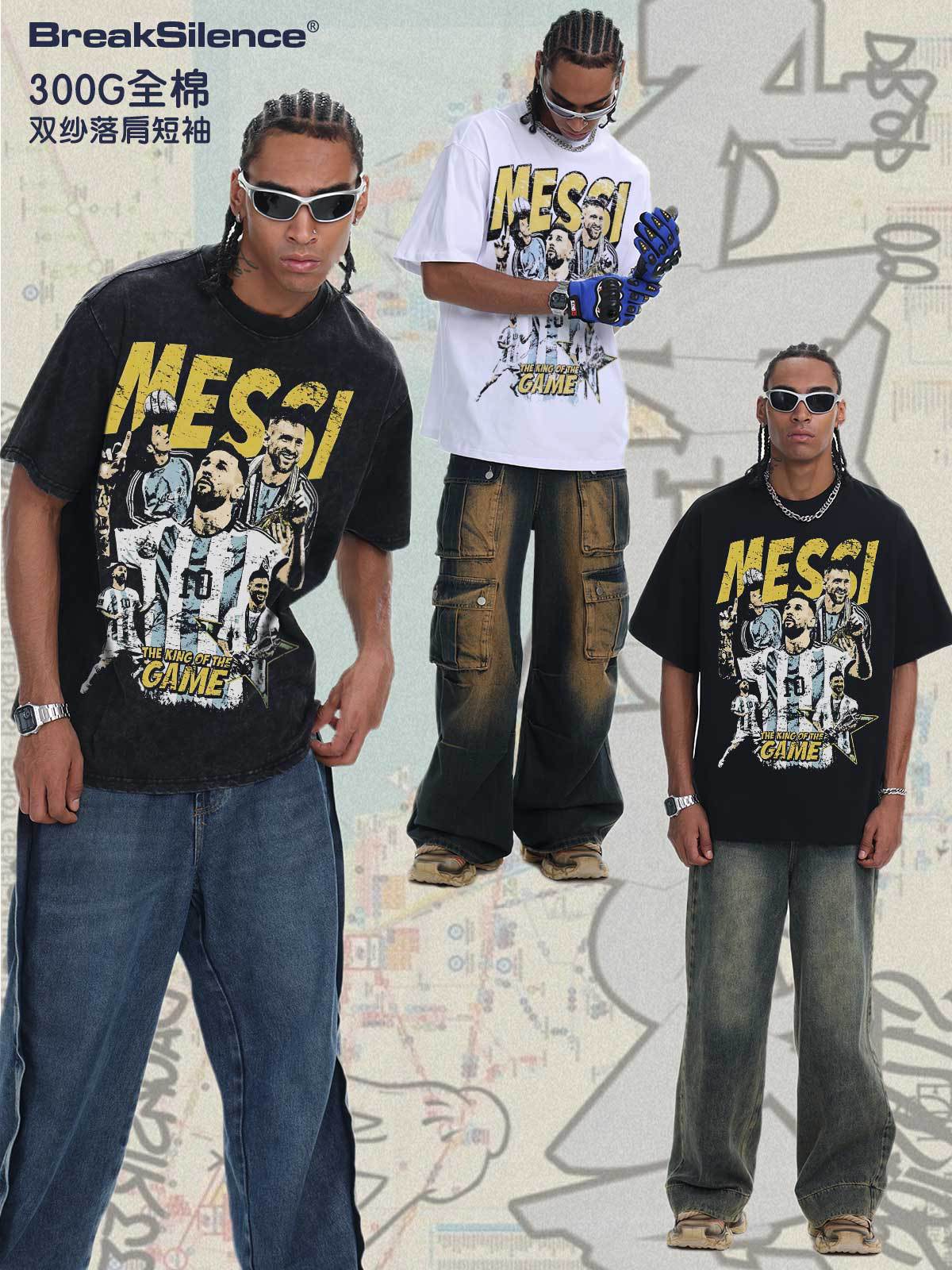 2026 Cross-Border Spring and Summer Messi Football American Retro 300g Digital Direct Printing Heavy-Duty Short-Sleeved T-Shirt for Men