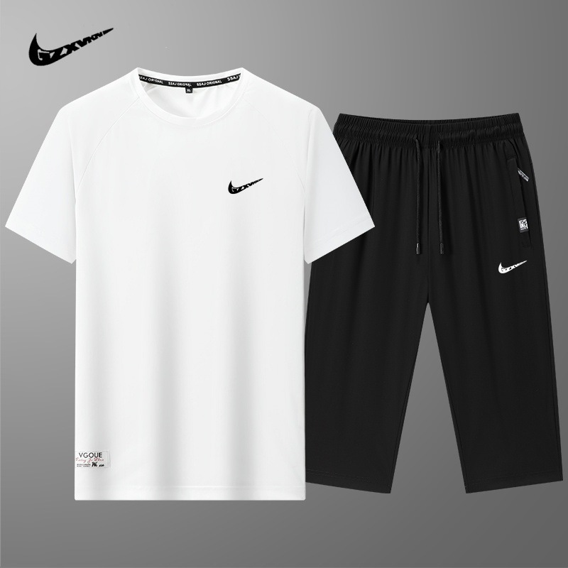 Summer New Sports Suit Large Size Ice Silk Quick-Drying Sports Casual Short-Sleeved T-Shirt Shorts Cropped Pants Two-Piece